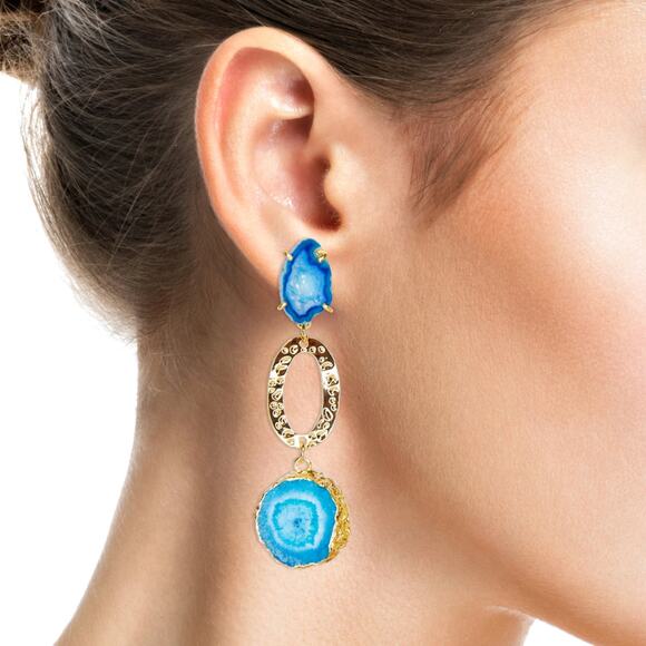 Geode Earrings Turquoise Gold Plated Dangle Earrings Handmade - Picture 2 of 3